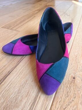 Nine West Colorblock Suede Pointed Flats in Magenta, Teal & Purple
